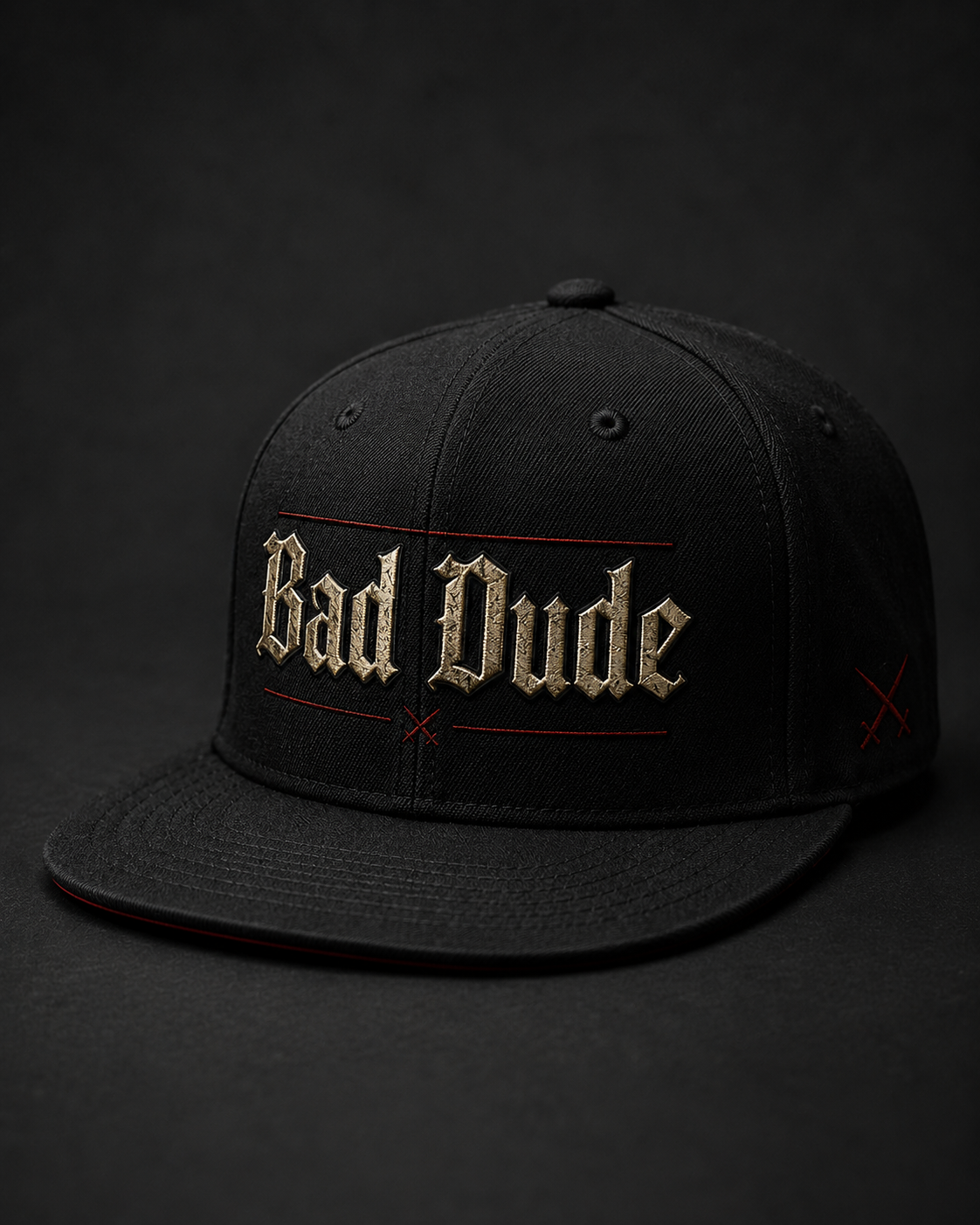 Bad Dude black snapback with gold embroidered text